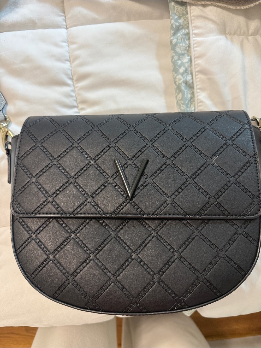 Mario Valentino Black Quilted V-Logo Saddle Crossbody
